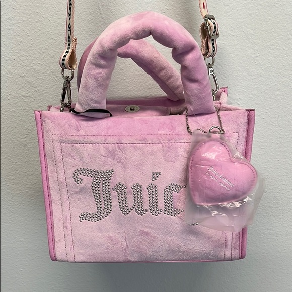 Juicy Couture Handbags - Juicy Couture | Pink Velour “Extra Spender” Mini Tote w/ Crossbody Strap & Charm